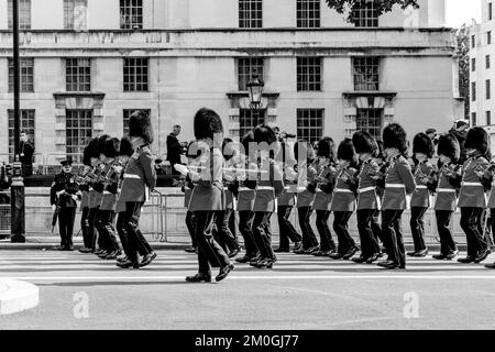 Die irischen Garden nehmen an der Beerdigungsprozession von Königin Elizabeth II, Whitehall, London, Großbritannien, Teil. Stockfoto