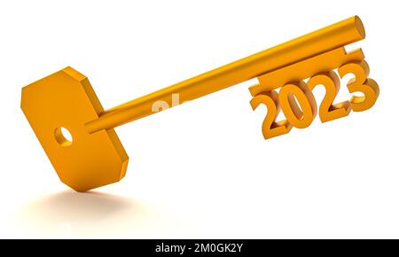 Konzeptschlüssel mit Silvester 2023 isoliert auf weißem Hintergrund. 3D-Rendering Stockfoto