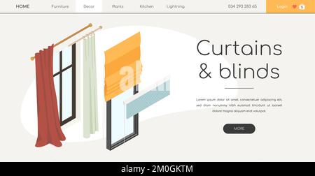 Vorhänge und Jalousien - isometrisches Webbanner im Liniendesign Stock Vektor