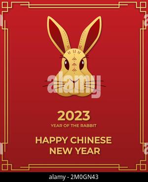 Сhinese Silvester 2023-Banner. Das Jahr des Kaninchens. Papierschnitt 3D Hasen in Goldfarbe auf rotem Hintergrund. Vektordarstellung. Stock Vektor