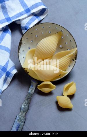 Conchiglione und kleine Conchiglie mit Siebkelle, Muschelpasta, Pasta Stockfoto