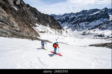 Skitouristen klettern Lisenser Ferner, Berglastal, Blick auf Berge und Gletscher mit Gipfel Östliche Seespitze und Innere Sommerwand, Stubai Alpen, Tyr Stockfoto