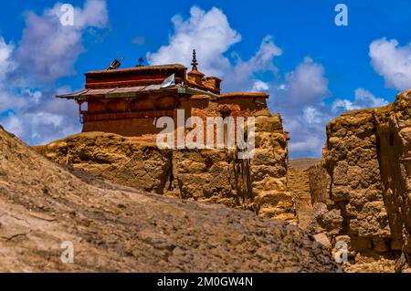 Einstürzte Häuser im Königreich Guge, Westtibet, Asien Stockfoto