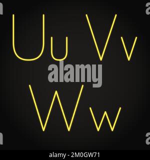 Leuchtende Neonbuchstaben U, V und W. leuchtende Buchstaben. Vektordarstellung. Stock Vektor