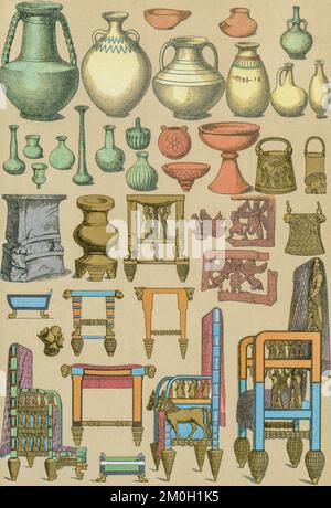Babylonische und assyrische Möbel und Haushaltsgeräte. Nach einem Werk von Friedrich Hottenroth aus dem späten 19.. Jahrhundert. Stockfoto