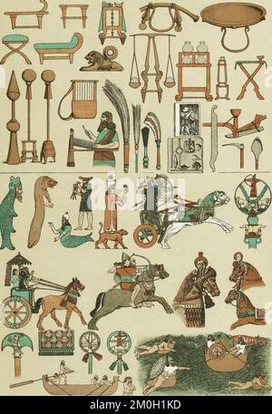 Assyrische Kriegsgegenstände. Nach einem Werk von Friedrich Hottenroth aus dem späten 19.. Jahrhundert. Stockfoto