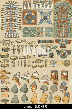 Ornamente, Kopfschmuck und Schuhe der Babylonier und Assyrer. Nach einem Werk von Friedrich Hottenroth aus dem späten 19.. Jahrhundert. Stockfoto