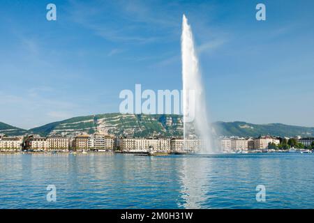 Der Jet d'Eau, das Wahrzeichen im Genfer Seebecken, Kanton Genf, Schweiz, Europa Stockfoto