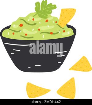Guacamole im flachen Cartoon-Stil. Handgezeichnete Vektordarstellung mexikanischer traditioneller Speisen mit Nachos. Stock Vektor