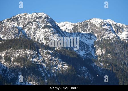 Die schneebedeckte Tantalus Bergkette vom Eagle Run Deich in Brackendale, Squamish, British Columbia, Kanada Stockfoto