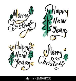 Ein Satz kalligraphischer Aufschriften. Frohes neues Jahr und Frohe Weihnachten. Wunderschöne schwarze Schrift mit Wirbeln und farbigen Elementen. Konstruktionsvorlage für Stock Vektor