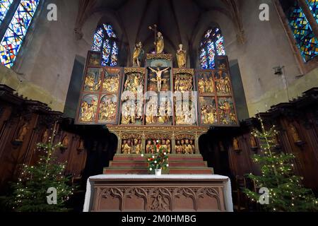 Frankreich, Haut Rhin, Straßburg, Kaysersberg, Sainte-Croix Kirche, Das hölzerne Altarbild von 1518 vom Bildhauer Jean Bongart Stockfoto