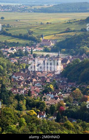 Frankreich, Bas Rhin, Elsass Weinstraße, Andlau, Blick auf das Dorf und die Abteikirche Saint-Pierre-et-Saint-Paul (11..-18.. Jahrhundert) vom Schloss Spesbourg aus Stockfoto