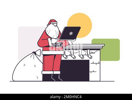 weihnachtsmann mit Geschenktasche mit Laptop Happy New Year Merry christmas Holiday Celebration Konzept Stock Vektor