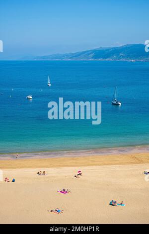 Spanien, Provinz Gipuzkoa, Getaria, Bühne auf dem Camino del Norte, spanische Pilgerroute nach Santiago de Compostela, ein UNESCO-Weltkulturerbe, Malkorbe Beach Stockfoto