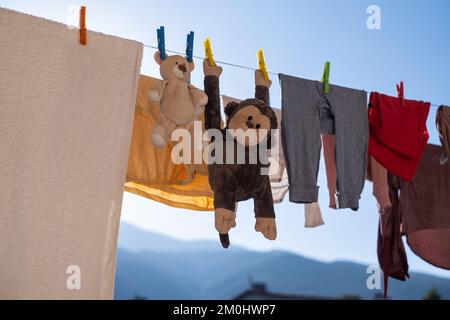 Spielzeug-Affe und Teddybär werden nach dem Waschen an einer Wäscheleine getrocknet Stockfoto