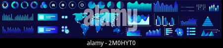 High-Tech-Panel, interaktive Datengrafik Panorama-Vektordarstellung. Datendiagramme, Diagramme, Diagramme. Futuristische ui-Infografiken mit blauer Neonfarbe auf dunklem Hintergrund. Stock Vektor