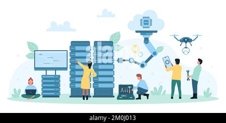 Vektordarstellung für Rechenzentrumstechnologie, KI, Hardware und Software. Kleine Cartoon-Leute arbeiten mit Computern, Servern und Roboterarmen zusammen, um die Infrastruktur des Supercomputers zu reparieren Stock Vektor