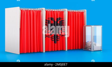 Wahlkabinen mit albanischer Flagge und Wahlurne. Wahlen in Albanien, Konzept. 3D-Rendering auf blauem Hintergrund isoliert Stockfoto