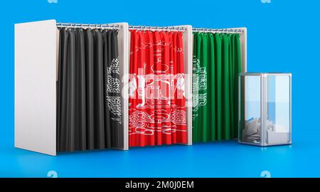 Wahlkabinen mit afghanischer Flagge und Wahlurne. Wahlen in Afghanistan, Konzept. 3D-Rendering auf blauem Hintergrund isoliert Stockfoto