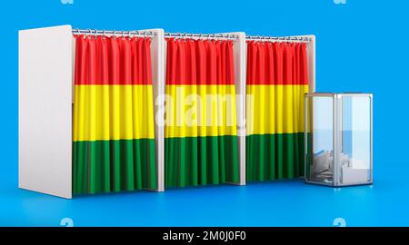 Wahlkabinen mit bolivianischer Flagge und Wahlurne. Wahlen in Bolivien, Konzept. 3D-Rendering auf blauem Hintergrund isoliert Stockfoto