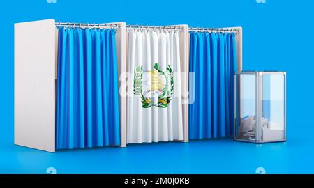 Wahlkabinen mit guatemaltekischer Flagge und Wahlurne. Wahlen in Guatemala, Konzept. 3D-Rendering auf blauem Hintergrund isoliert Stockfoto