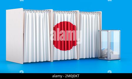 Wahlkabinen mit japanischer Flagge und Wahlurne. Wahlen in Japan, Konzept. 3D-Rendering auf blauem Hintergrund isoliert Stockfoto