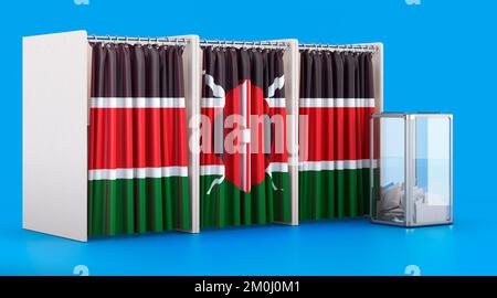 Wahlkabinen mit kenianischer Flagge und Wahlurne. Wahlen in Kenia, Konzept. 3D-Rendering auf blauem Hintergrund isoliert Stockfoto