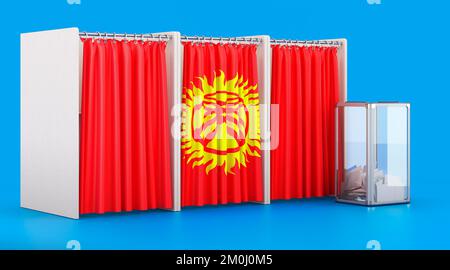 Wahlkabinen mit kirgisischer Flagge und Wahlurne. Wahlen in Kirgisistan, Konzept. 3D-Rendering auf blauem Hintergrund isoliert Stockfoto