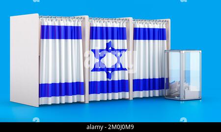 Wahlkabinen mit israelischer Flagge und Wahlurne. Wahlen in Israel, Konzept. 3D-Rendering auf blauem Hintergrund isoliert Stockfoto