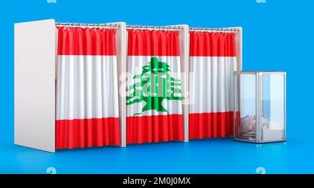 Wahlkabinen mit libanesischer Flagge und Wahlurne. Wahlen im Libanon, Konzept. 3D-Rendering auf blauem Hintergrund isoliert Stockfoto