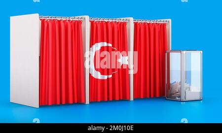 Wahlkabinen mit türkischer Flagge und Wahlurne. Wahlen in der Türkei, Konzept. 3D-Rendering auf blauem Hintergrund isoliert Stockfoto