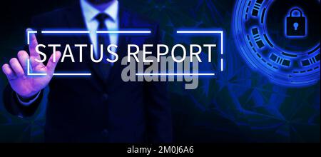 Inspiration mit Statusbericht für Vorzeichen. Aktualisierung der Geschäftsidee Übersicht über Situationen in einem bestimmten Zeitraum Stockfoto