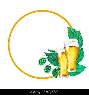 Ein Glas Bier, Hopfen und Blätter. Rahmenfarbe. Clip Art Bierkollektion für das Oktoberfest. Stockfoto
