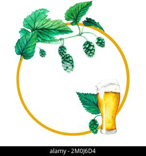 Ein Glas Bier, Hopfen und Blätter. Rahmenfarbe. Clip Art Bierkollektion für das Oktoberfest. Stockfoto
