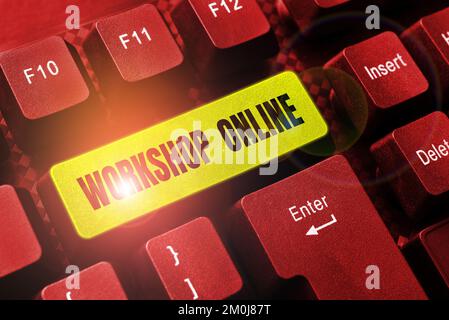 Unterschreiben Sie, dass Workshop Online angezeigt wird. Wort auf dem Raum oder Gebäude, in dem Waren repariert werden Stockfoto