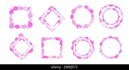 Blumenkranz-Set, rosafarbene quadratische und runde Kritzelrahmen, in Blüten-, Stern- und Wolkenform. Kopieren Sie handgezeichnete Designelemente aus dem Bereich Stock Vektor