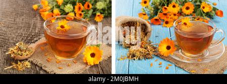 Calendula Tee mit frischen und getrockneten Blumen auf alten hölzernen Hintergrund Stockfoto