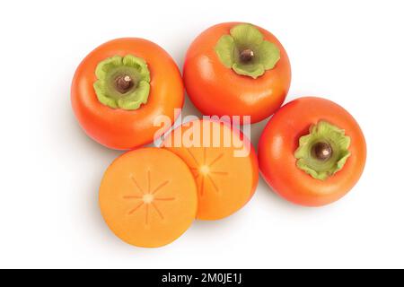 Persimonenfrucht, isoliert auf weißem Hintergrund mit voller Schärfentiefe. Draufsicht. Flach verlegt. Stockfoto