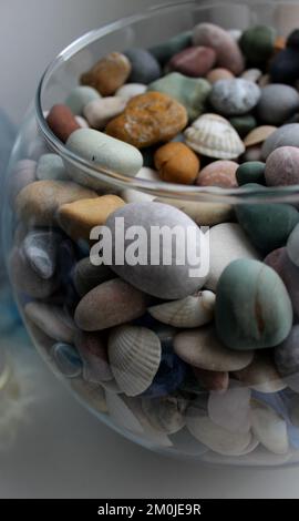 Verschiedene Meeressteine mit Quarzvenen gemischt mit Muscheln in einer runden Glasvase Stockfoto