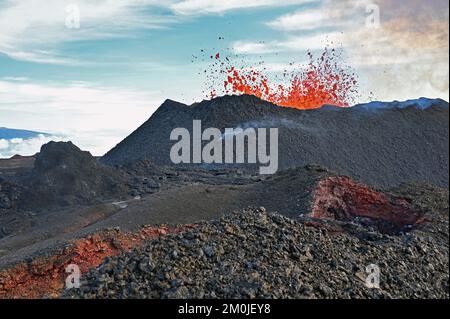 Mauna Loa, Hawaii, USA. 4.. Dezember 2022. Mauna Loas nordöstliche Rift Zone Fissure 3 aus dem Südwesten von hawaiianischen Besatzungen des Volcano Observatory am Morgen des 4. Dezember 2022. Es wurden anhaltende Brunnenhöhen von 141 Fuß (43 Meter) mit Bersten von über 232 Fuß (71 Meter) Höhe gemessen. Die Flanken von Mauna Kea sind auf der linken Seite des Fotos zu sehen. Kredit: USGS/ZUMA Press Wire Service/ZUMAPRESS.com/Alamy Live News Stockfoto