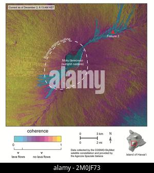 Mauna Loa, Hawaii, USA. 2.. Dezember 2022. Diese Karte zeigt Flächen mit Oberflächenveränderungen, die durch einen Vergleich von Satellitenradarbildern ermittelt wurden, die am 16. November 2022 und am 2. Dezember um 6:13 Uhr aufgenommen wurden HST. Bläuliche Farben zeigen Bereiche mit großen Veränderungen an und zeigen Lavaflüsse an, die während des Zeitraums aktiv waren. Rosa und Gelb zeigen Bereiche an, in denen sich die Oberfläche nicht ändert. Kredit: USGS/ZUMA Press Wire Service/ZUMAPRESS.com/Alamy Live News Stockfoto