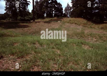 Petersburg National Battlefield VA USA. 6/1988. Wie viele Männer starben in der Schlacht am Krater? Verluste: Konföderat, 361 Tote, 727 Verwundete, 403 Vermisste oder Gefangener von 6.100; Union, 504 Tote, 1.881 Verwundete, 1.413 Vermisste oder Gefangener von 8.500. Schließlich explodierten die Ladungen um 4:44 Uhr in einem massiven Schauer von Erde, Männern und Waffen. Ein Krater (heute noch sichtbar) wurde geschaffen, 170 Fuß (52 m) lang, 100 bis 120 Fuß (30 bis 37 m) breit und mindestens 30 Fuß (9 m) tief. Die Mine war in T-Form. Der Anfahrschacht war 156 m (511 Fuß) lang und begann in einem tiefer liegenden Bereich bergab und mehr als 50 Fuß Stockfoto