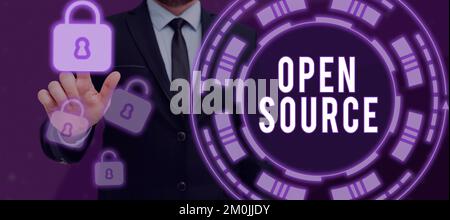 Textunterschrift für Open Source. Business Showcase mit Software, deren ursprünglicher Quellcode frei verfügbar ist Stockfoto