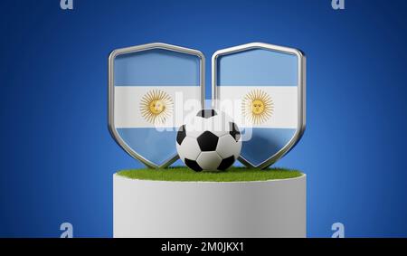 Argentinische Flagge mit Fußballball auf einem Graspodium. 3D-Rendering Stockfoto