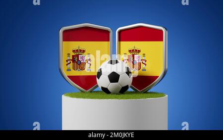 Spanische Flagge mit Fußballball auf einem Graspodium. 3D-Rendering Stockfoto