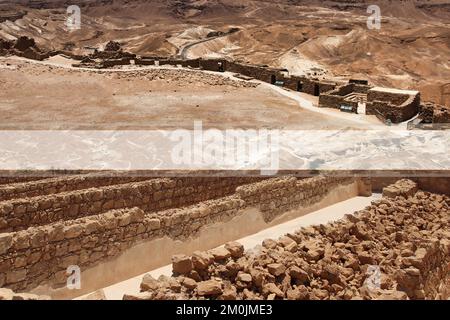 Masada ist eine Festung in Israel, die die Ruinen der letzten Festung des Königreichs Israel umgibt, bevor sie von den Römern vollständig zerstört wurde. Stockfoto