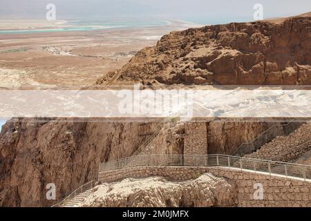 Masada ist eine Festung in Israel, die die Ruinen der letzten Festung des Königreichs Israel umgibt, bevor sie von den Römern vollständig zerstört wurde. Stockfoto