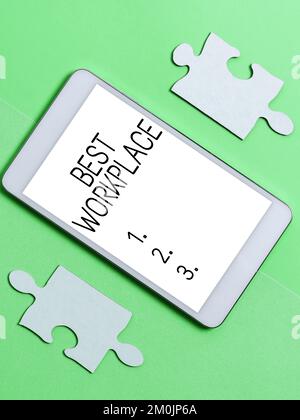 Schild mit der Anzeige „Bester Arbeitsplatz“. Word für ein ideales Unternehmen, das stressfrei mit hoher Vergütung arbeitet Stockfoto