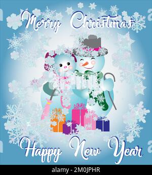 Weihnachtsvektor-Grußkarte. Ein paar Schneemänner mit weihnachtsgeschenken, umgeben von fliegenden Schneeflocken Stock Vektor
